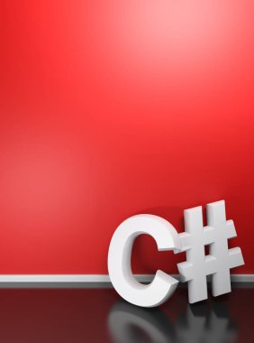 Yazma C#: iyi bilinen bilgisayar programlama dili, bir oda siyah parlak zemin üzerinde duran, onun kırmızı duvar - 3d render yaslanmış beyaz 3d harfler ile yazılmış. Dikey A4 formatında veya bu katları boyutlarına.