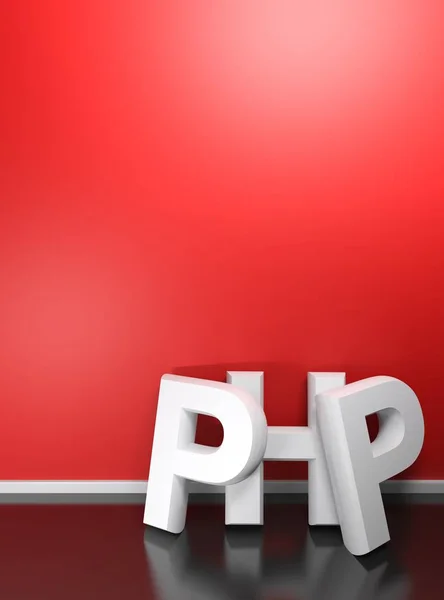 Php Scritto Con Lettere Bianche Piedi Sul Pavimento Nero Lucido — Foto Stock