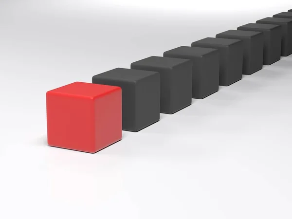 Line Black Cubes Red One Its Beginning Laying White Surface — Stock Photo, Image