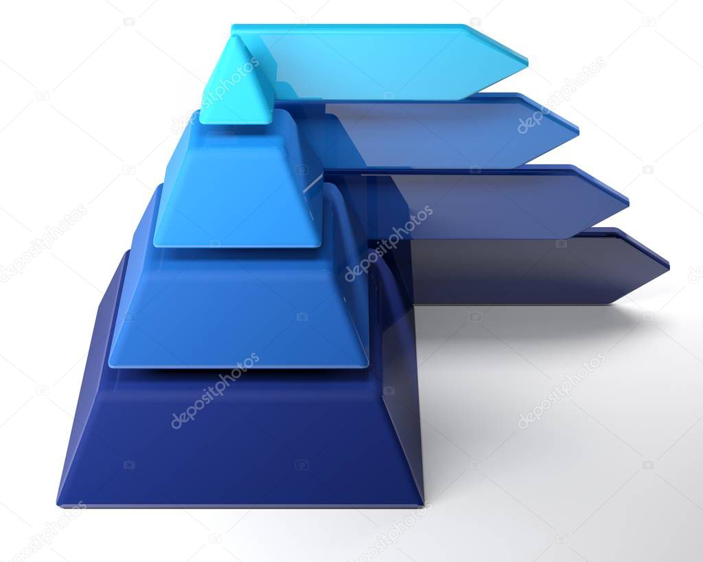 A pyramid sliced in 4 different parts from which come out 4 arrows, in 4 different blue colors - 3D rendering illustration