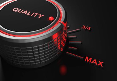 Onun üstüne yazma kalitesi ile metalik bir düğme üzerinde maksimum düzey - 3d render illüstrasyon ayarla