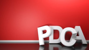 Beyaz 3d harflerle bir oda siyah parlak zemin üzerinde duran, onun kırmızı duvar - 3d render illüstrasyon eğilerek kısaltma Pdca (Plan yapmak kontrol Yasası)