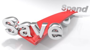 Kelime kaydetmek ve bir denge, beyaz arka plan - 3d render illüstrasyon ters tarafı standında harcama