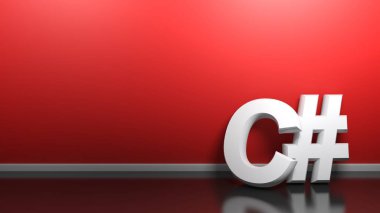 Yazma C#: iyi bilinen bilgisayar programlama dili, bir oda siyah parlak zemin üzerinde duran, onun kırmızı duvar - 3d render illüstrasyon yaslanmış beyaz 3d harfler ile yazılmış