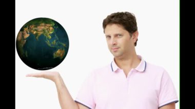 Holding dünya onun el - 3d işleme video üstünde genç adam