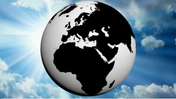 World Globe Map Black White Rotates Background Sunny Blue Sky — Stock Video