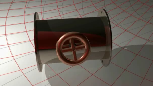 Metallisch Glänzende Fugenpfeife Rotiert Über Einem Roten Gitter Auf Einer — Stockvideo