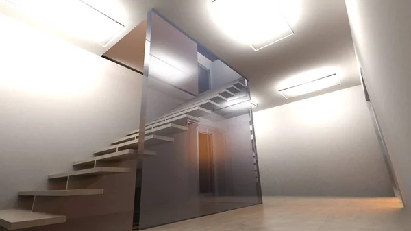 Modern Oda Render Çizimde Bir Cam Duvarın Arkasında Merdivenler — Stok fotoğraf