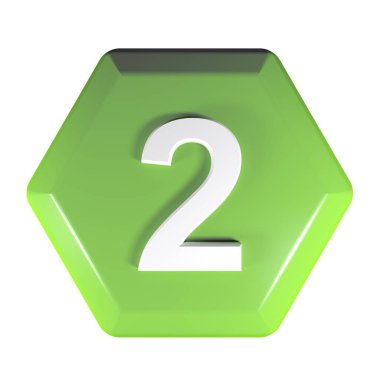 Bir yeşil altıgen beyaz arka plan - 3d render illüstrasyon izole düğme numarası 2,