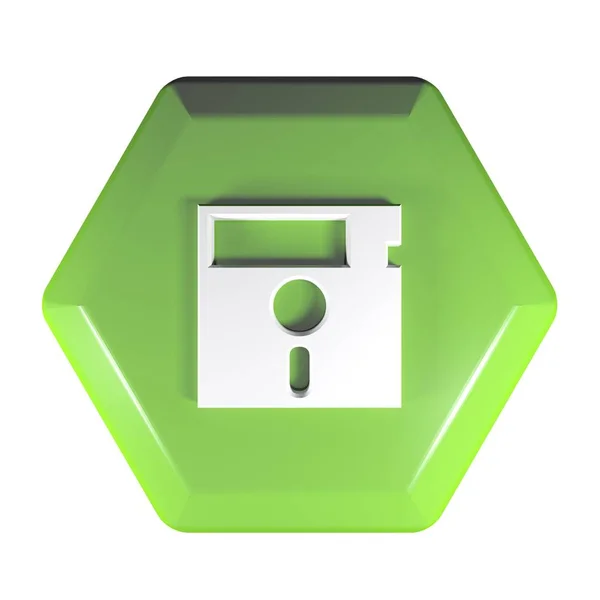 一个绿色的六角形按钮 带有计算机软盘图标的图标 隔离在白色背景 渲染插图 — 图库照片