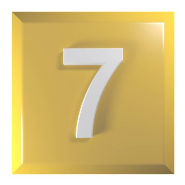 Bir sarı - turuncu kare basma düğmesi ile sayı 7, beyaz arka plan üzerinde - 3d render illüstrasyon izole.