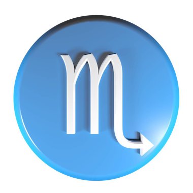 Mavi daire basma düğmesi simgesi beyaz arka plan - 3d render illüstrasyon izole ve burçlara işaretin akrep,