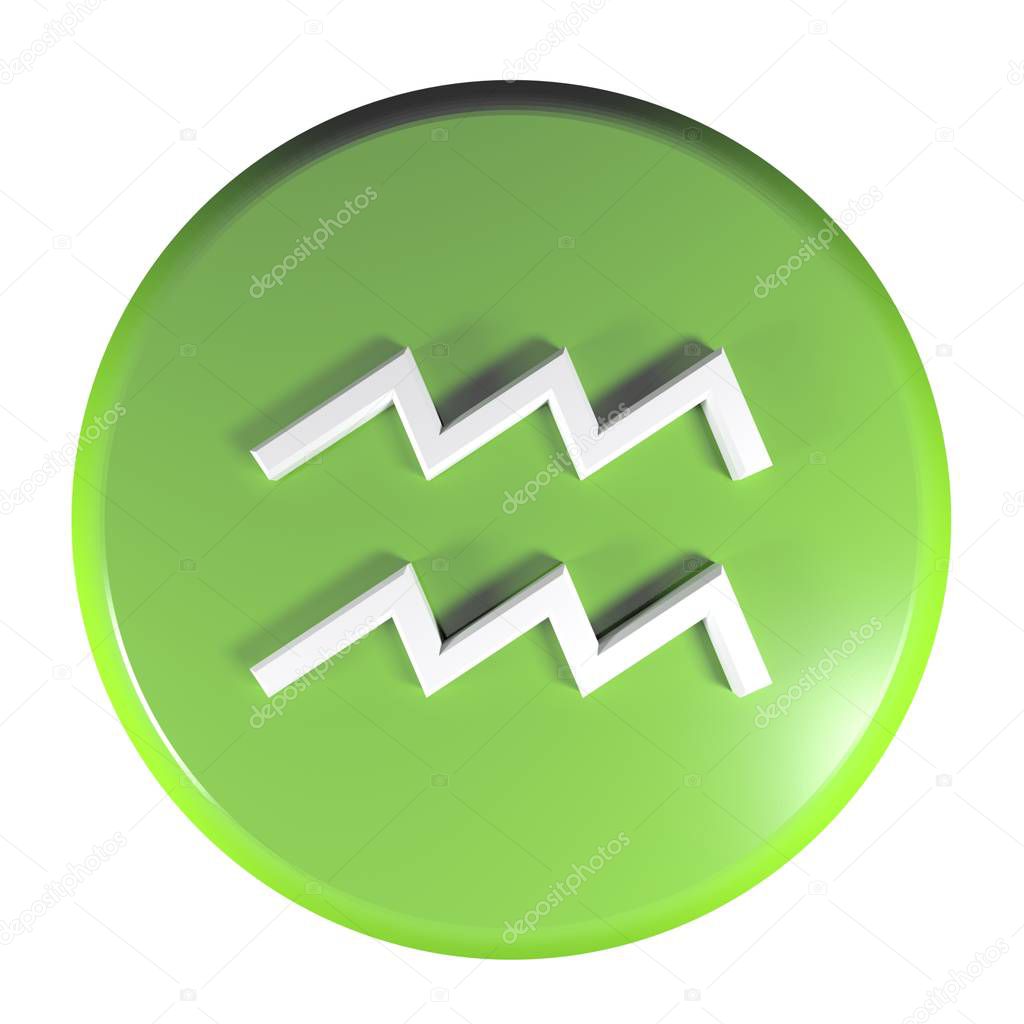 A green circle push button with the icon of the zodiac sign AQUARIUS, isolated on white background - 3D rendering illustration