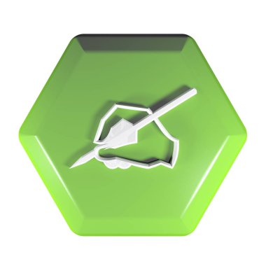 Bir kalem - 3d render örnek ile yazma yardım simgesi olan beyaz arka plan üzerinde izole yeşil altıgen basma düğmesi,