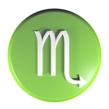 Yeşil daire basma düğmesi simgesi beyaz arka plan - 3d render illüstrasyon izole ve burçlara işaretin akrep,