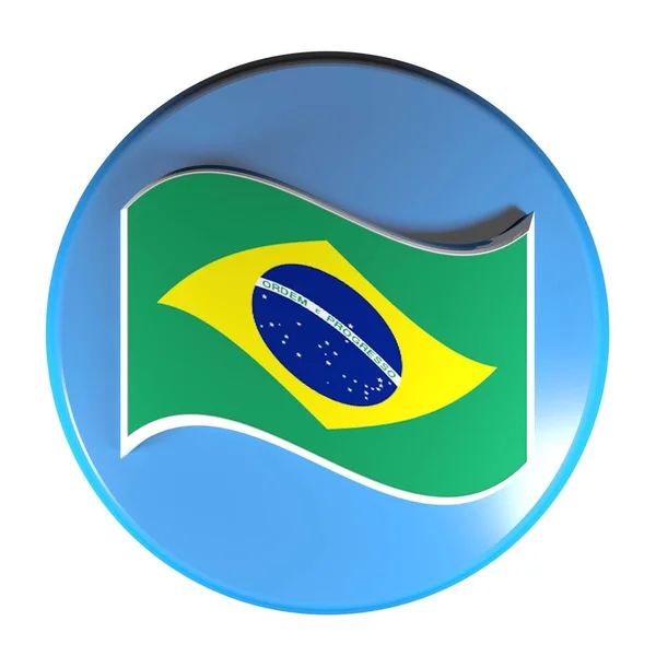 Синяя Кнопка Нажатия Круга Выделенная Белом Фоне Размахивающим Бразильским Флагом — стоковое фото