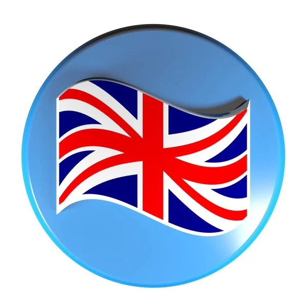 Кнопка Синим Кругом Выделенная Белом Фоне Размахивающим Английским Флагом Иллюстрация — стоковое фото