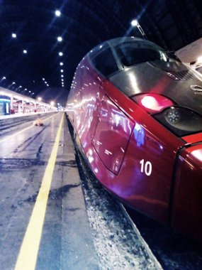 Bir yüksek hızlı tren Freccia Rossa Milano Centrale (İtalya) - Editöryel fotoğraf - Milano, İtalya, Tren İstasyonu, 8 Şubat 2019 Park