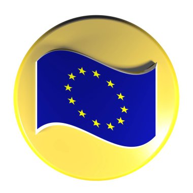 Sallanan bir Avrupa Birliği bayrağı - 3d render çizim ile beyaz arka plan üzerinde izole bir sarı daire basma düğmesi