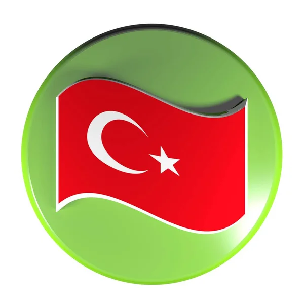 Green Circle Push Button Isolated White Background Waving Turkish Flag — Stock Photo, Image