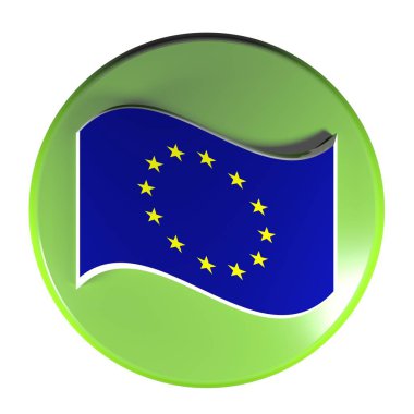 Sallanan bir Avrupa Birliği bayrağı - 3d render çizim ile beyaz arka plan üzerinde izole bir yeşil daire basma düğmesi