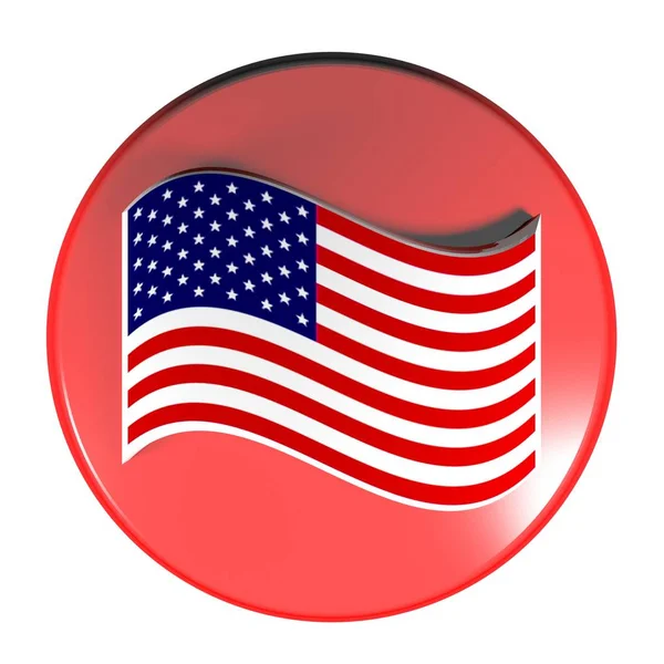 一个红色圆圈按钮 隔离在白色背景 与挥舞的美国国旗 渲染插图 — 图库照片