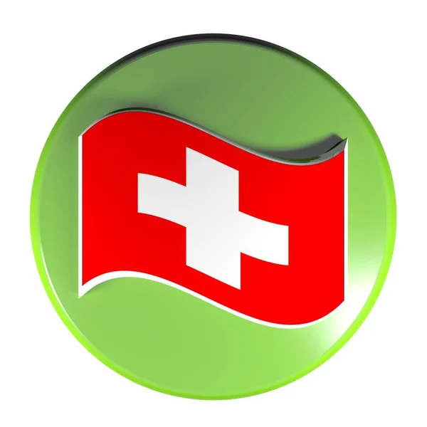 Zelený Kruh Tlačítko Izolované Bílém Pozadí Vlající Swiss Vlajka Vykreslování — Stock fotografie