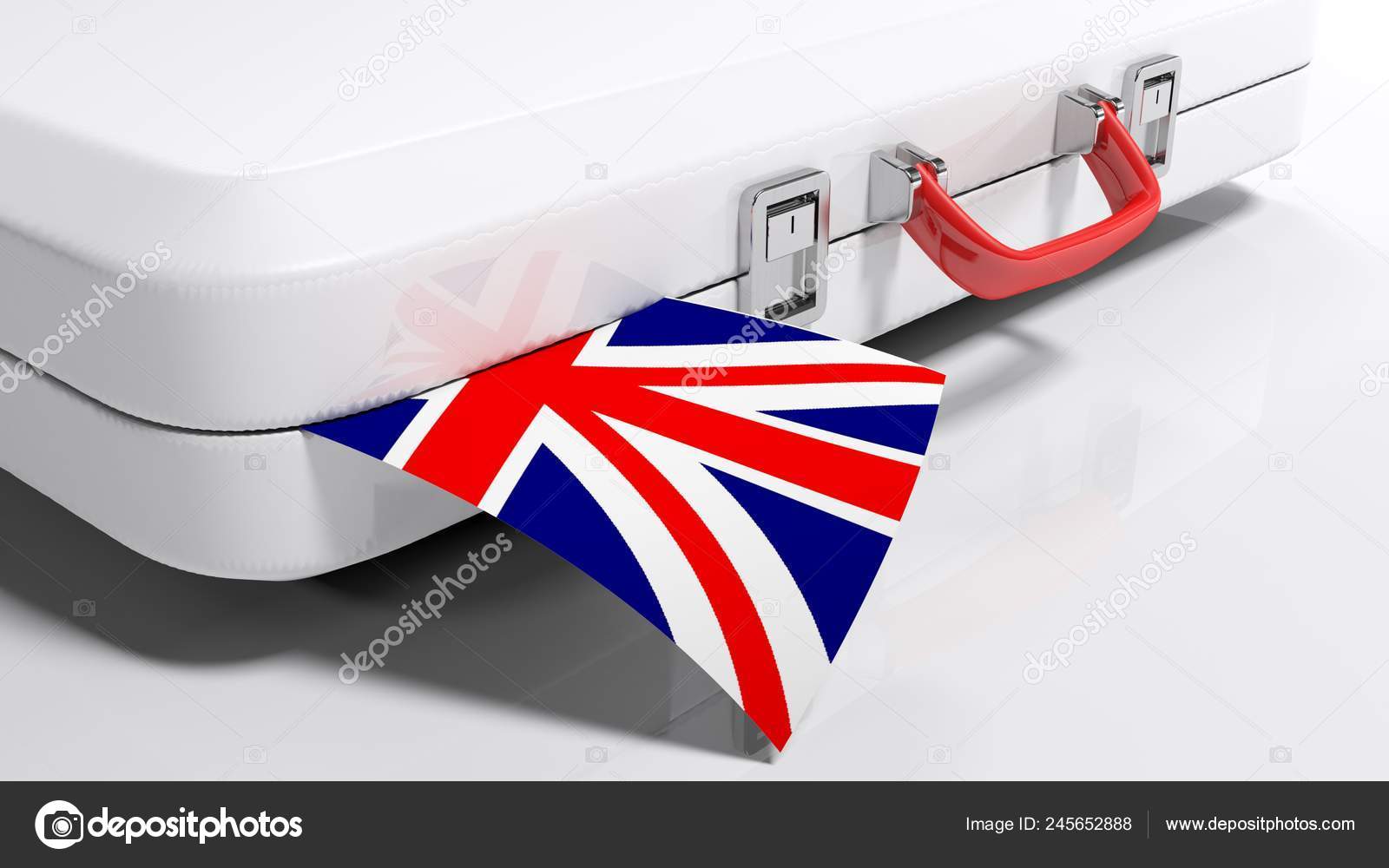 Une Valise Blanche Est Posée Sur Trottoir Blanc Drapeau Anglais image