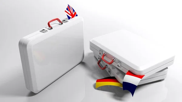 三个白色的行李箱在白色的环境和英语 法国和德国的部分从他们出来 渲染插图 — 图库照片