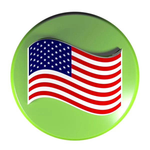 一个绿色圆圈按钮 隔离在白色的背景 与挥舞的美国国旗 渲染插图 — 图库照片