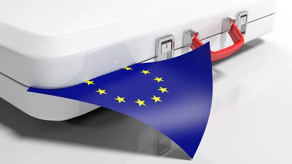 Een Witte Koffer Legt Een Witte Stoep Een Europese Vlag — Stockfoto