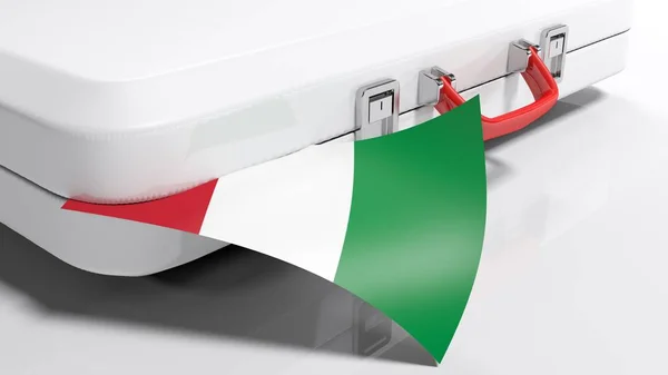 Uma Mala Branca Está Colocada Pavimento Branco Uma Bandeira Italiana — Fotografia de Stock
