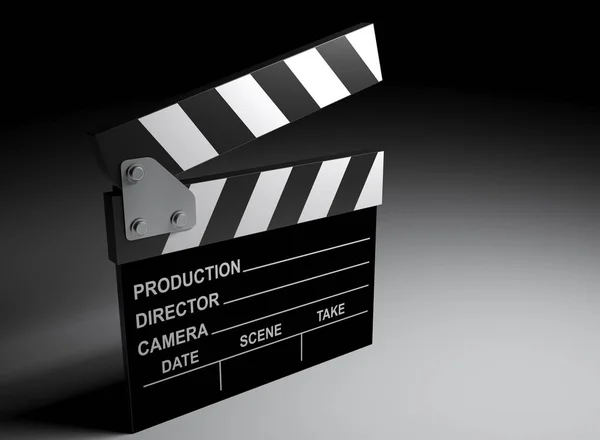 A clapboard with empty data fields for production, director, camera, date, scene and take, is on a white surface with light just over it - 3D rendering illustration