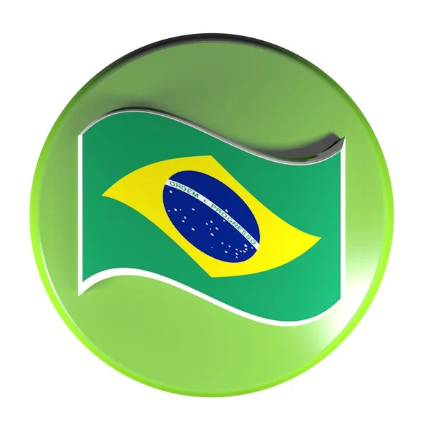 ブラジル レンダリング図の手を振っている旗を持った 白い背景で隔離 緑色の円のプッシュ ボタン — ストック写真