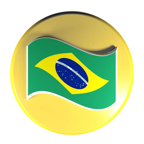 ブラジル レンダリング図の手を振っている旗を持った 白い背景で隔離の黄色い円プッシュ ボタン — ストック写真