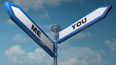 Sen ve ben - 3d render illüstrasyon yazma ile farklı yönlere işaret eden ok iki sokak işaretleri