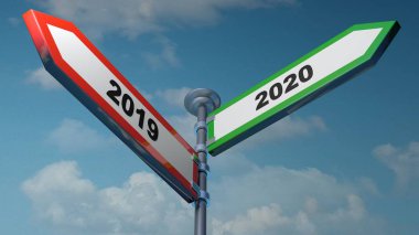 Sağa ve sola dönük iki kırmızı ve Yeşil ok sokak işaretleri: 2019 (sola) için bir diğer için 2020 (sağa) - 3d render illüstrasyon
