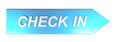 Sağda beyaz arka plan - 3d render illüstrasyon mavi bir ok üzerinde beyaz harflerle Check In yazma