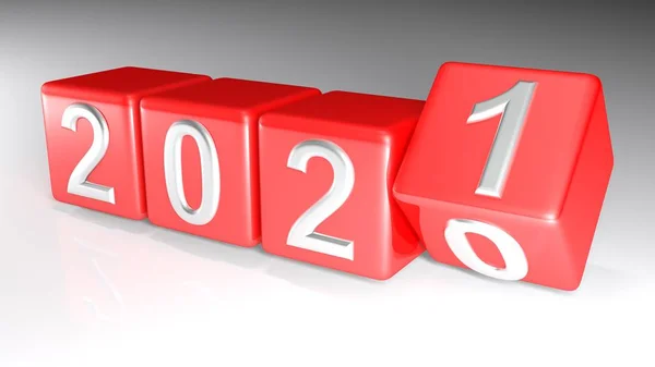 Het Jaar 2020 Geschreven Met Verchroomde Nummers Vier Rode Blokjes — Stockfoto