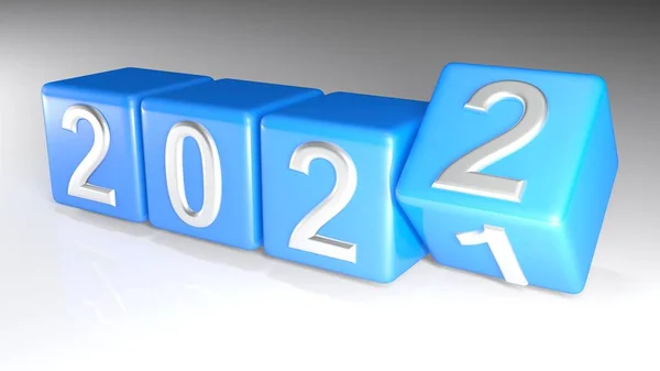 2021 Рік Написаний Хромованими Числами Чотирьох Синіх Кубиках Які Змінюються — стокове фото