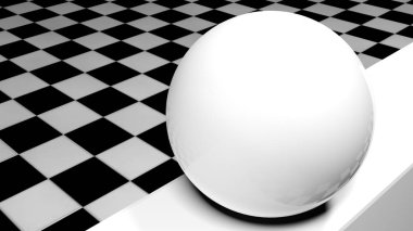 Beyaz bir duvara cam yansıtıcı küre ile soyut bir kompozisyon, damalı siyah ve beyaz zemin ile bir odada-3D render illüstrasyon