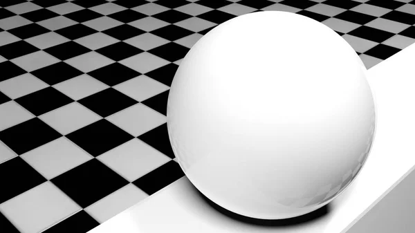 An abstract composition with a glass reflective sphere on a white wall, in a room with checkered black and white floor - 3D rendering illustration