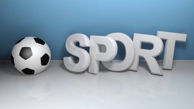 Yazma Spor, mavi duvara yaslanmış beyaz harflerle yazılmış, bir futbol topu yakınında - 3d render illüstrasyon
