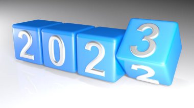 2022 yılı, 2023 yılına değişen dört mavi küp üzerinde krom sayılarla yazılmıştır - 3d render