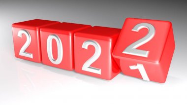 2021 yılı, 2022 yılına değişen dört kırmızı küp üzerinde krom sayılarla yazılmıştır - 3d render