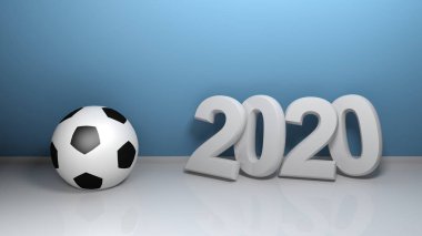Beyaz karakterlerle 2020 yazın, mavi bir duvarda duran, bir futbol topu yakınında - 3d render illüstrasyon