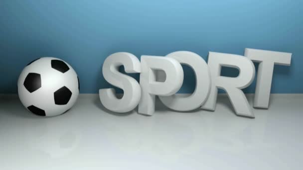 Nápis Sport Napsaný Bílými Písmeny Opřený Modrou Zeď Blízko Fotbalového — Stock video