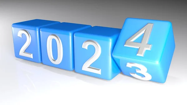 2023 年用镀铬数字写在四个蓝色立方体上 这些立方体正在更改为 2024 — 图库照片