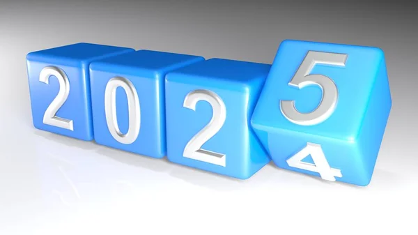 2024 Рік Написаний Хромованими Числами Чотирьох Синіх Кубиках Які Змінюються — стокове фото
