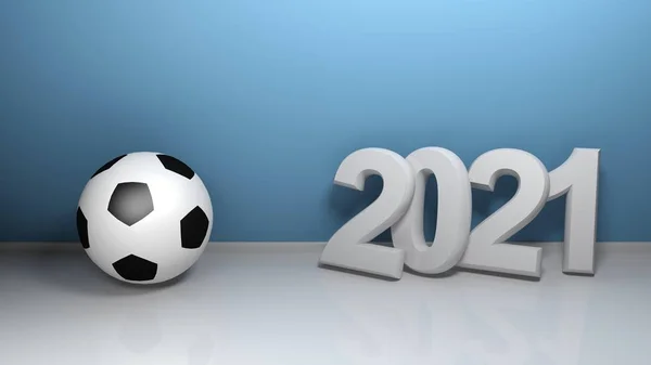 Write 2021 White Characters Standing Blue Wall Soccer Ball Rendering — Stock Photo, Image